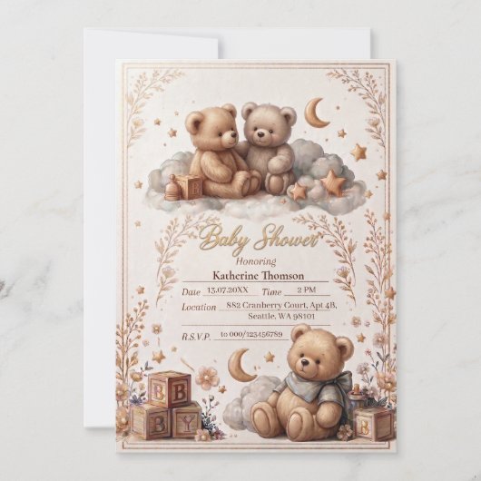 Mooie teddybeer babyshower uitnodiging  (Voorkant)