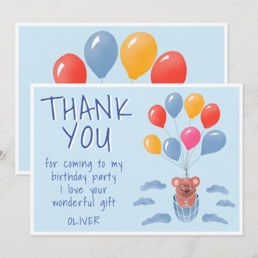 Mooie teddybeer ballonnen kinderverjaardag bedankkaart (Voorkant / Achterkant)