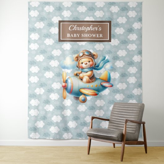 Mooie teddybeer piloot gepersonaliseerde feestmuur wandkleed (In situ)