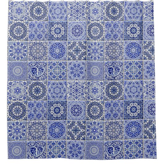 Mooie  Tegels - Blauw en wit badkamer Douchegordijn (Voorkant)