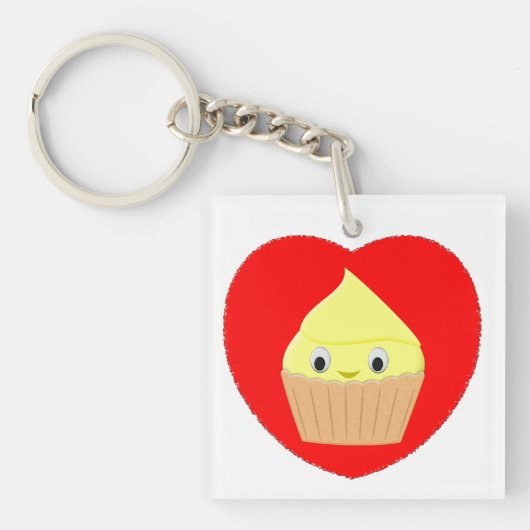 Mooie Tekentrillemon Cupcake In Rode Hart Sleutelhanger (voorkant)