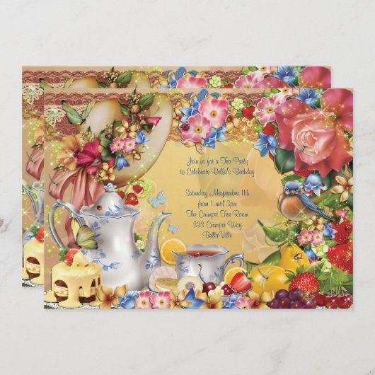 Mooie theepartij uitnodigingen (Voorkant / Achterkant)