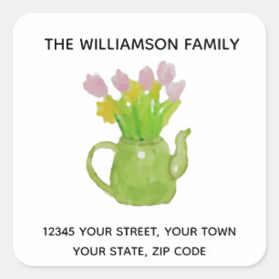 Mooie theepot van bloemen retouradreslabel vierkante sticker