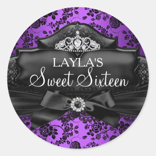 Mooie Tiara & Strik Paars Sweet 16 Sticker (Voorkant)