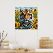 Mooie Tijger in Zonnebloemveld Bloemen Poster (Keuken)