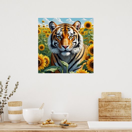 Mooie Tijger in Zonnebloemveld Bloemen Poster (Keuken)