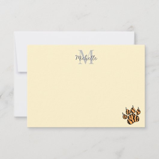Mooie tijgerpootafdruk aangepaste monogram notitiekaartje (Voorkant)
