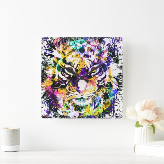 Mooie tijgerwandklok | Kleurrijke tijgerklok  Vierkante Klok (Huis)