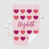 Mooie tinten roze harten Script cursieve naam Golfhanddoek (Insitu)