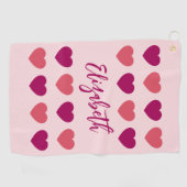 Mooie tinten roze harten Script cursieve naam Golfhanddoek (Horizontaal)