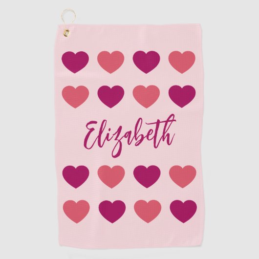 Mooie tinten roze harten Script cursieve naam Golfhanddoek (Voorkant)