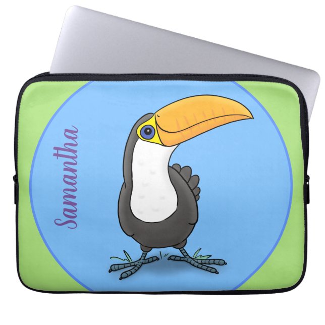 Mooie toucan blauwe groene cartoon illustratie laptop sleeve (Voorkant)