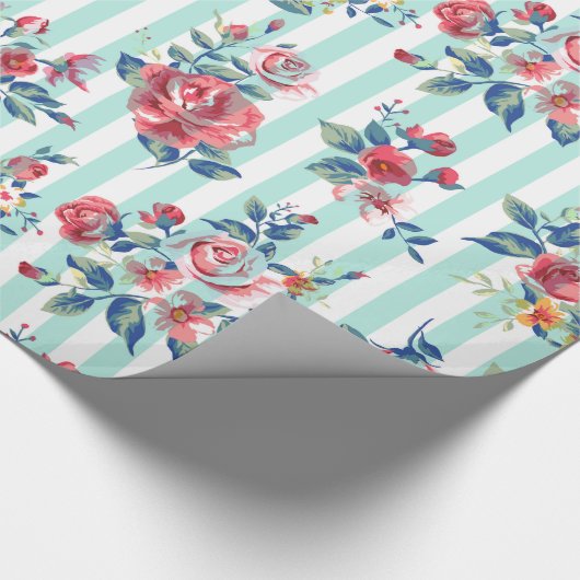 Mooie trendy  blauwe strepen rozen cadeaupapier (Hoek)