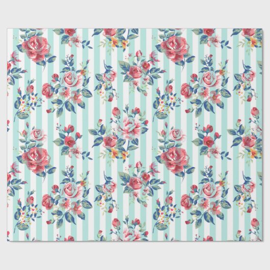 Mooie trendy  blauwe strepen rozen cadeaupapier (Vlak)