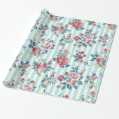 Mooie trendy  blauwe strepen rozen cadeaupapier (Uitgerold)