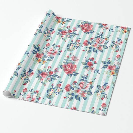 Mooie trendy  blauwe strepen rozen cadeaupapier (Uitgerold)