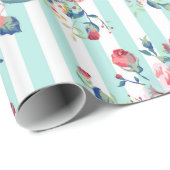 Mooie trendy  blauwe strepen rozen cadeaupapier (Rol Hoek)