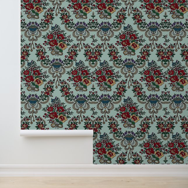 Mooie trendy bloemen bladeren blauw roze groen behang (Applicatie)