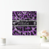 Mooie trendy faux paarse leopard-vingerafdruk vierkante klok (Huis)