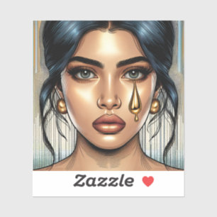 Mooie treurige vrouw met gouden traan sticker