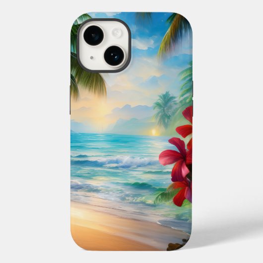 Mooie tropische beach, palmbomen en bloemen Case-Mate iPhone case (Achterkant)