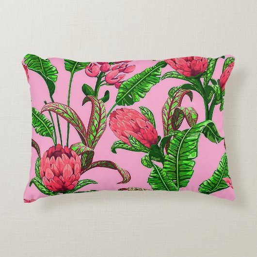 Mooie, Tropische Groene Bladeren met Rode Bloemen  Accent Kussen (Voorkant)