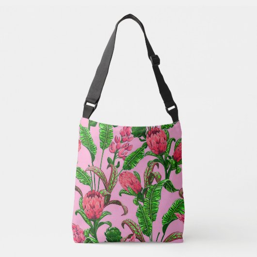 Mooie, Tropische Groene Bladeren met Rode Bloemen Crossbody Tas (Voorkant)