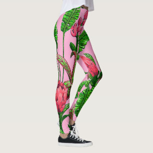 Mooie, Tropische Groene Bladeren met Rode Bloemen  Leggings