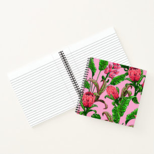 Mooie tropische groene bladeren met rode bloemen   notitieboek
