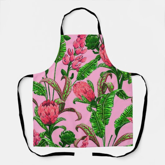 Mooie, Tropische Groene Bladeren met Rode Bloemen  Schort (Voorkant)