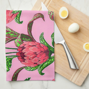 Mooie tropische groene bladeren met rode bloemen   theedoek