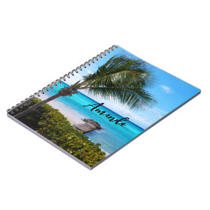 Mooie tropische strand briesende palmboom notitieboek