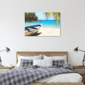Mooie Tropische strand met een roeiboot Canvas Afdruk (Insitu (Slaapkamer))