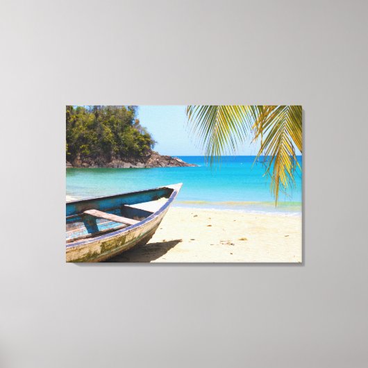 Mooie Tropische strand met een roeiboot Canvas Afdruk (Voorkant)