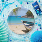 Mooie Tropische strand met een roeiboot Papieren Bordje (Feest)