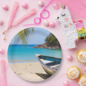 Mooie Tropische strand met een roeiboot Papieren Bordje (Feest)