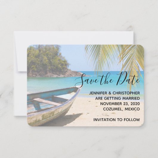 Mooie Tropische strand met een roeiboot Save The Date (Voorkant)