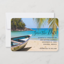 Mooie Tropische strand met een roeiboot Save The Date