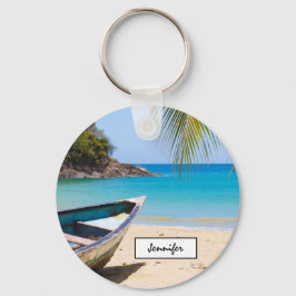 Mooie Tropische strand met een roeiboot Sleutelhanger