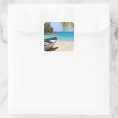 Mooie Tropische strand met een roeiboot Vierkante Sticker (Tas)
