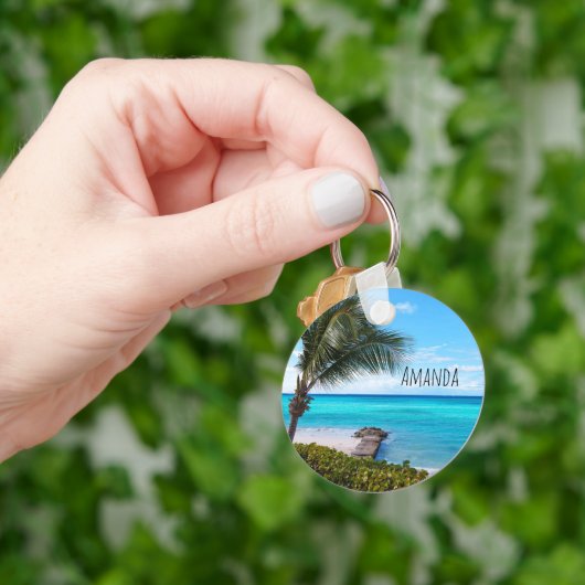 Mooie Tropische Strand Waaierige Palmboom Sleutelhanger (Hand)