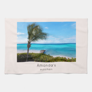 Mooie Tropische Strand Waaierige Palmboom Theedoek