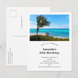 Mooie Tropische Strand Winderige Palmboom Verjaard Uitnodiging Briefkaart