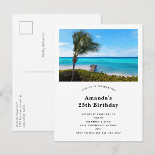 Mooie Tropische Strand Winderige Palmboom Verjaard Uitnodiging Briefkaart