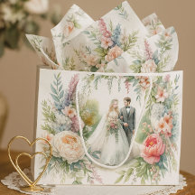 Mooie trouwbloemen met bruid bruidegom cadeautas