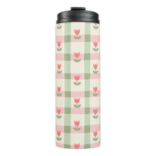 Mooie Tulp Geruite Patroon Pastel Bloemen Thermosbeker
