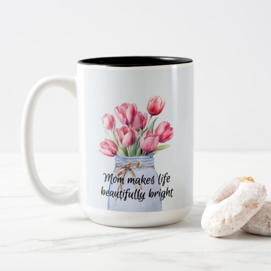 Mooie tulp voor Moederdag Tweekleurige Koffiemok (Met donut)