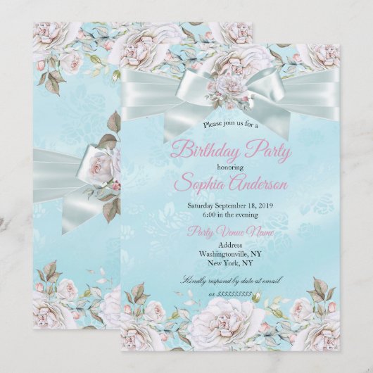 Mooie Turquoise Blauwe Bloemrozen Roze Verjaardags Kaart (Voorkant / Achterkant)