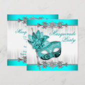 Mooie turquoise blauwe gemaskerde party kaart (Voorkant / Achterkant)