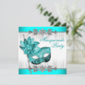 Mooie turquoise blauwe gemaskerde party kaart (Staand voorkant)